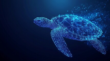 Fototapeta premium Abstract swimming sea turtle in polygons on technology blue background. Low poly wire frame marine life concept. Polygonal 3D vector illustration.