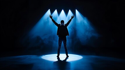 Crippling social anxiety a person stands in the center of a spotlight their face anxious and eyes wide as shadows representing judgment loom around them the light isolates them making them feel 