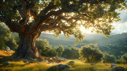 Fototapeta premium Majestic Ancient Tree in a Sunlit Forest Illustration