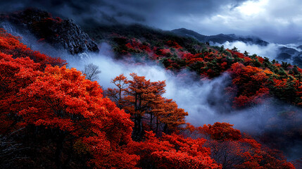 Fototapeta premium Mountains shrouded in mist fog near dawn with bright red leafed trees, autumn forest under dark clouds, peaceful atmospheric hills, tranquil beauty landscape
