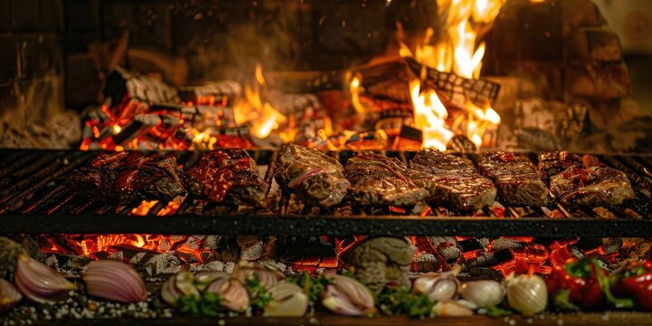 Meat peppers and onions roasting on a traditional Uruguayan parrilla grill with firewood and flames in a restaurant kitchen