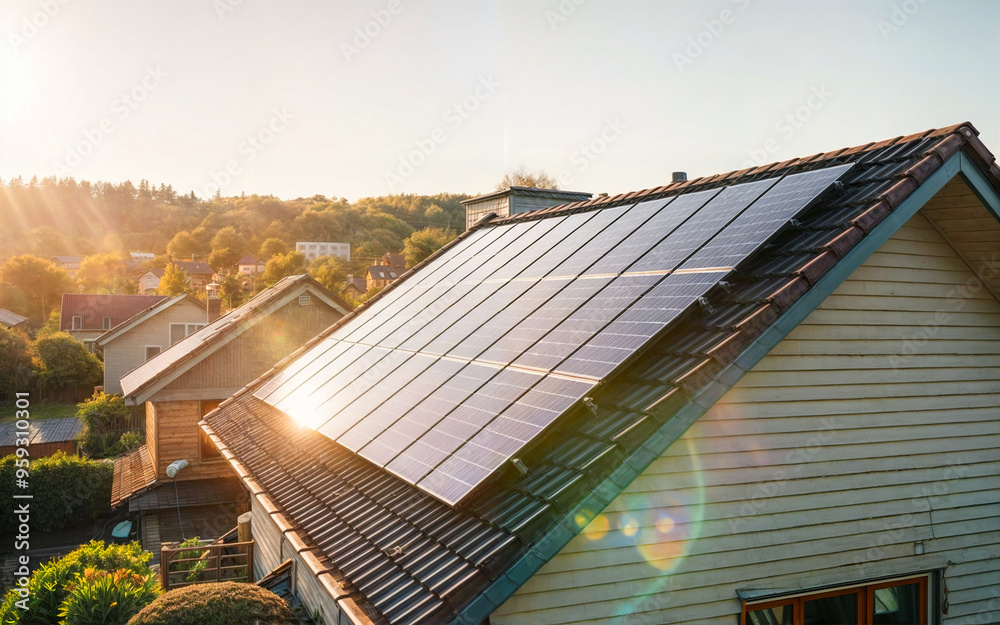 Wall mural Solar roof on a single-family home reflects the sun