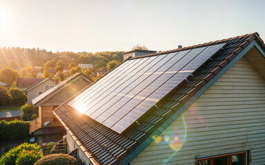 Solar roof on a single-family home reflects the sun