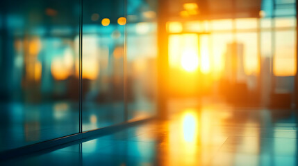A blurred view of a cityscape through a large window with golden sunlight streaming in.