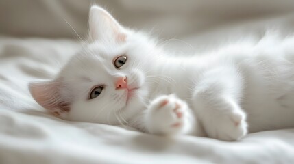 White kitten with pink nose lying on its back, paws tucked close. 