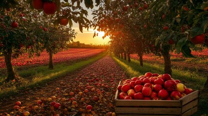 A picturesque apple orchard scene at sunset, where the warm, golden light of the setting sun creates a peaceful, inviting atmosphere. The apple trees are heavy with fruit, their branches bending