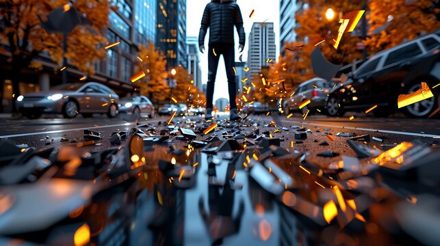 Overwhelming deja vu a figure stands bewildered in a familiar street where scenes from the past repeat and fold into one another creating an endless loop of overlapping realities the visual 