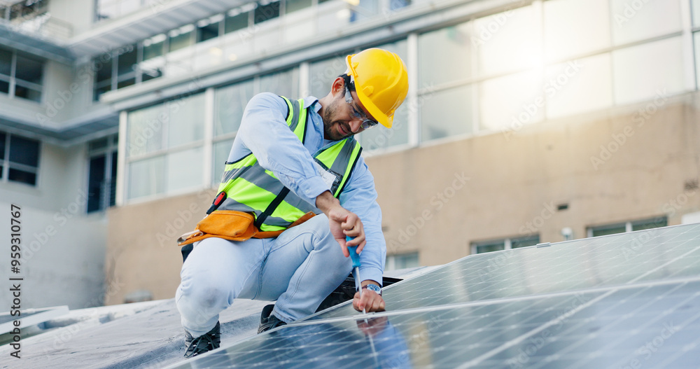 Poster Engineer, man and screwdriver for solar panels, energy saving and electricity or heating of eco friendly grid on rooftop. Installation, digital technology and photovoltaic technician with tool