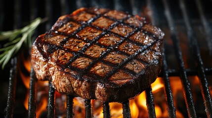 Close-up of a Juicy Steak Grilling on a Hot Charcoal Grill
