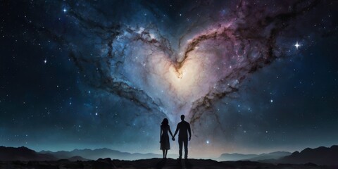 Naklejka premium Interstellar love scene with two silhouettes reaching out to touch hands across a vast galaxy, glowing heart-shaped stars and cosmic dust surrounding them, vibrant and ethereal lighting, deep space