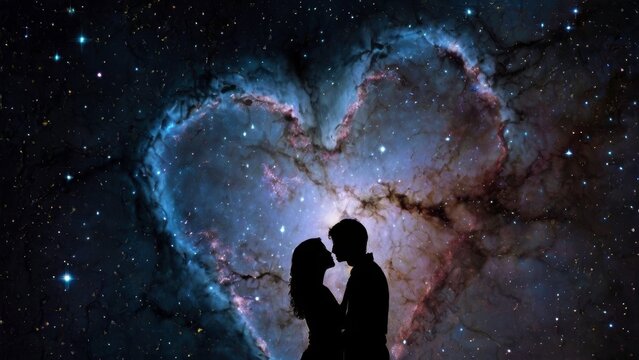 An ethereal scene of two lovers embracing in space, surrounded by constellations, with a glowing heart nebula illuminating the dark void, conveying cosmic love and connection.