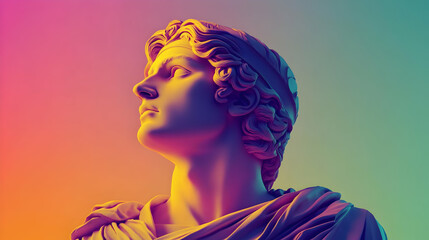 A close-up of a classical sculpture of a man's face, illuminated with vibrant colors.