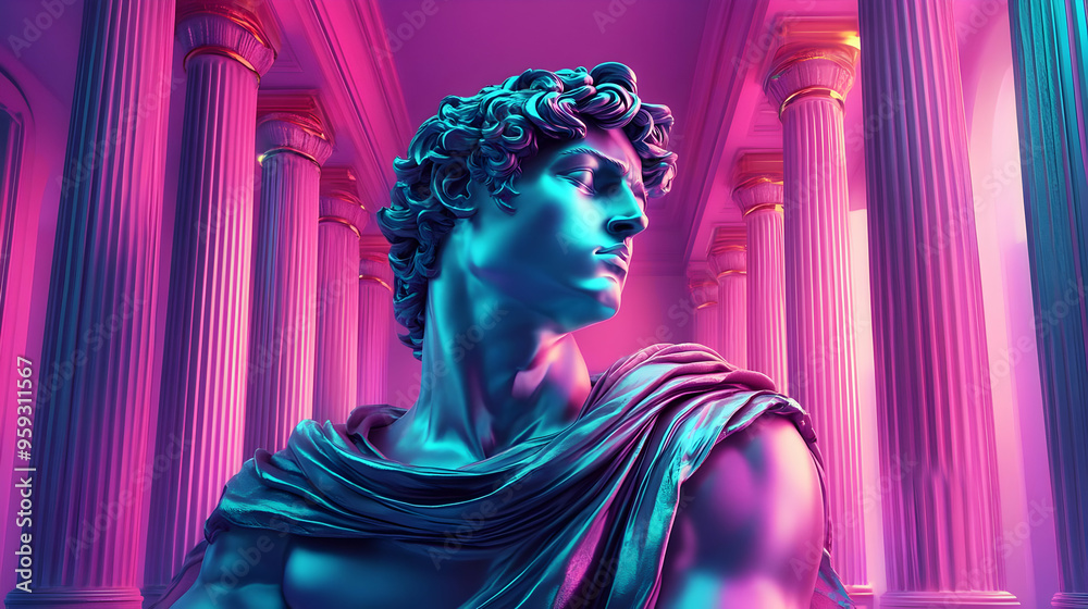 Wall mural A close-up of a sculpted male bust wearing a toga stands in front of a row of columns bathed in pink and purple light.