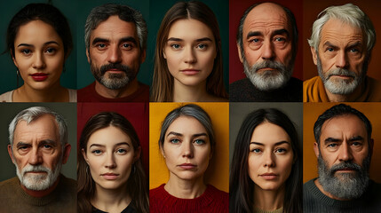 A collage of nine diverse portraits of people of various ages looking directly at the camera.