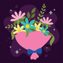 Colorful flower bouquet with leaves on dark background Vector