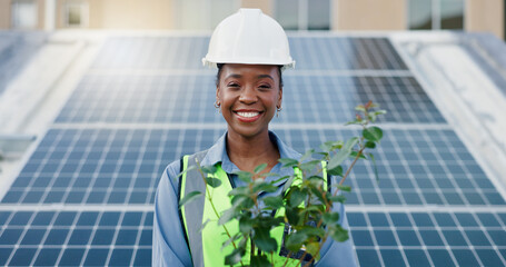 Black woman, portrait and plant with solar panel for eco friendly, environment and sustainable...