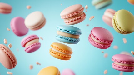Colorful Macarons Falling Against a Blue Background