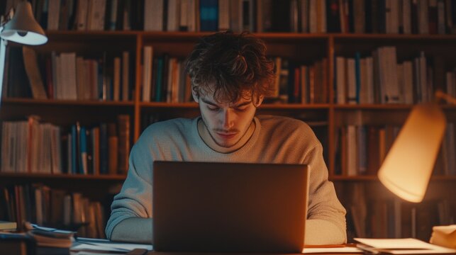 A Young Man Working at a Desk with Laptop and Books