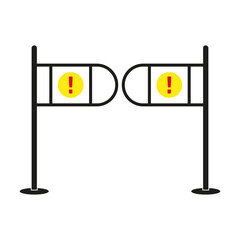 Gate barrier icons. Yellow warning signs. Red exclamation marks. Vector alert symbols.