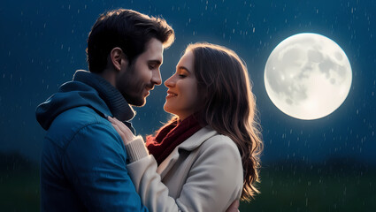 Couple Hugging in Love under the full moon, love, boyfriend, girlfriend. AI Generative