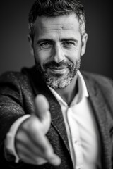 Fototapeta premium Professional Man in Formal Attire Offering Help with a Gentle Smile Against a Black Background