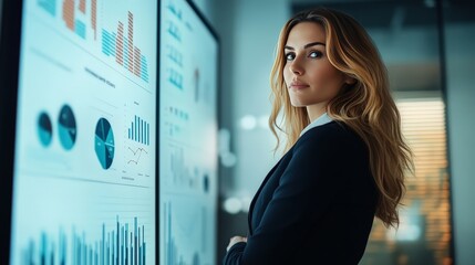 A businesswoman standing confidently in front of a large presentation board with charts and graphs.