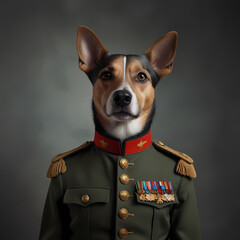 Portrait of a Standing Dog in Military Uniform, king, pets, photo, illustration. AI Generative