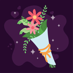 Colorful flower bouquet with leaves on dark background Vector