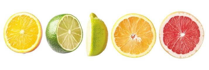Fototapeta premium Variety of Whole and Sliced Citrus Fruits Including Orange, Lemon, Lime, and Grapefruit