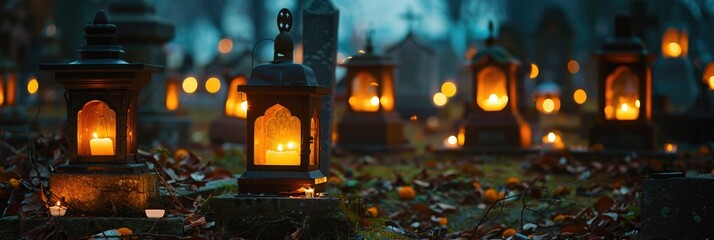 Lanterns lighting up graves on a day dedicated to honoring departed souls during the Day of the Dead.