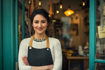 Smiling Woman Wearing an Apron Standing in a Shop Doorway