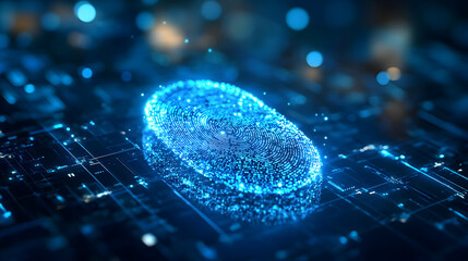 A glowing blue digital fingerprint sits on a futuristic circuit board.