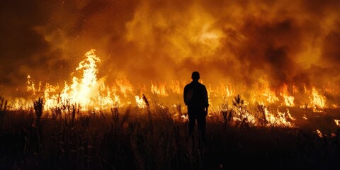 Fototapeta premium Man standing in foreground of large nighttime wildfire