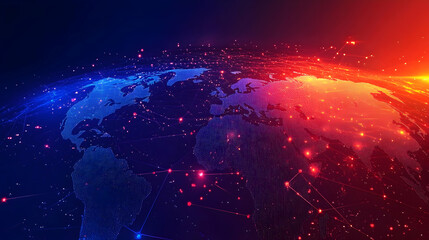 A glowing map of the world with red and blue lines connecting dots, symbolizing a network of global connections.