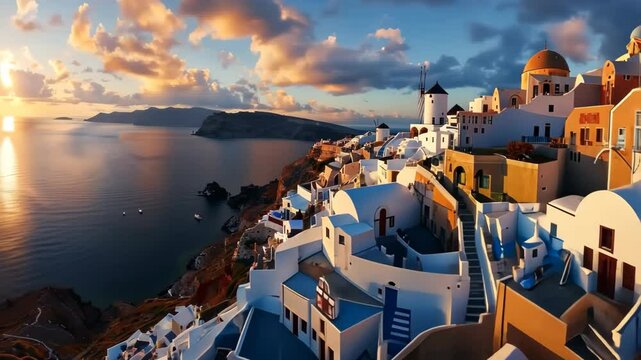 View of Santorini in Greece view from the top with a calm sea and white buildings.