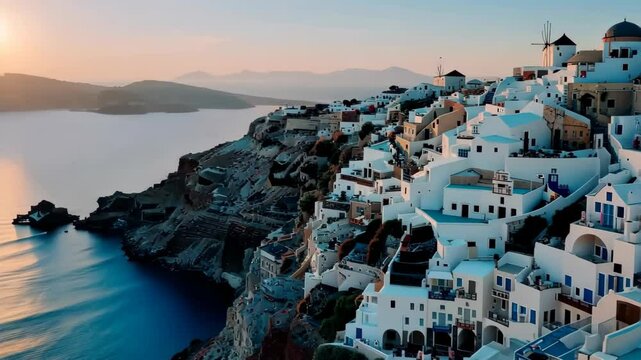 View of Santorini in Greece view from the top with a calm sea and white buildings.