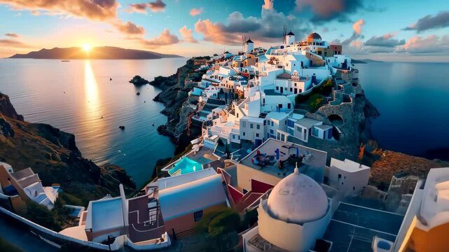 View of Santorini in Greece view from the top with a calm sea and white buildings.