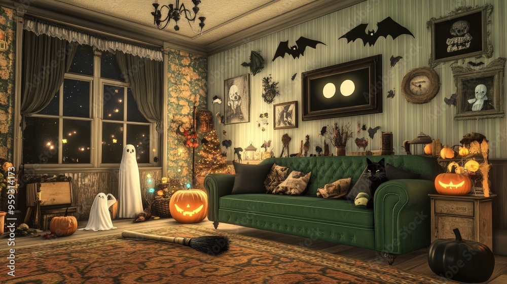 Sticker A cozy living room transformed for Halloween includes a striking green sofa and a witch's broom.