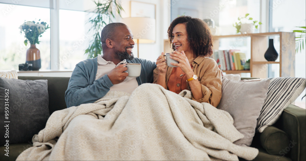 Sticker Bonding, love and coffee with mature couple on sofa for relax, marriage and romance. Happiness, calm and health with people drinking in living room of home for tea, communication and comfort together