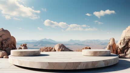 An aerial view of a cultural event at the rocky desert landscape featuring an infinity pool,