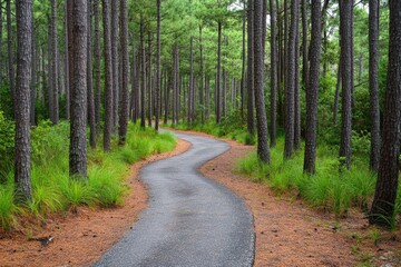 Fototapeta premium Bicycle path winding through a pine forest, inviting and serene