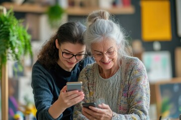Senior woman learning to use a smartphone to send text messages and make video calls, with an instructor nearby