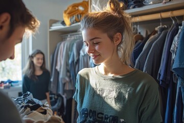Family helping a student arrange a dorm room closet, hanging clothes and storing shoes