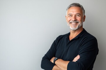Fototapeta premium Half body shot of an older male presenter with a warm smile, in front of a solid light gray background, with copy space