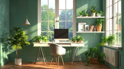 Obraz premium A green room with a desk, a chair, a computer, and a lot of plants.