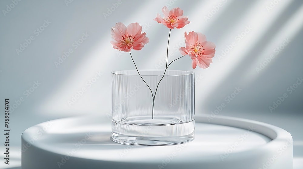 Aufkleber minimal scene of white background featured few persian buttercup flowers inside glassware blank roun