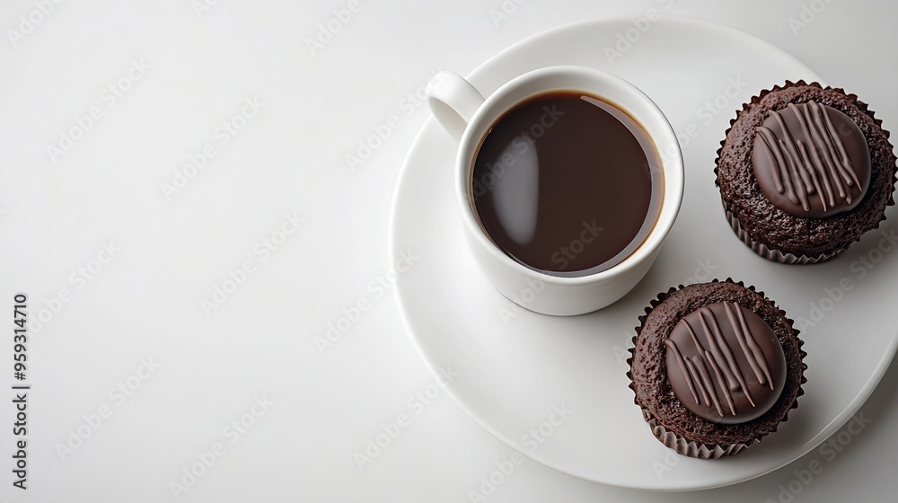 Poster cup of black coffee with chocolate cakes on white table the concept of breakfast flat lay top view :