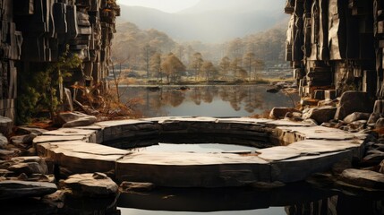 A fantastical and serene landscape with ancient architecture,