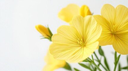 Fototapeta premium Flower close up of Oenothera biennis common eveningprimrose evening star sundrop weedy evening primrose German rampion hog weed Kings cureall and feverplant Isolated on white backgrou : Generative AI
