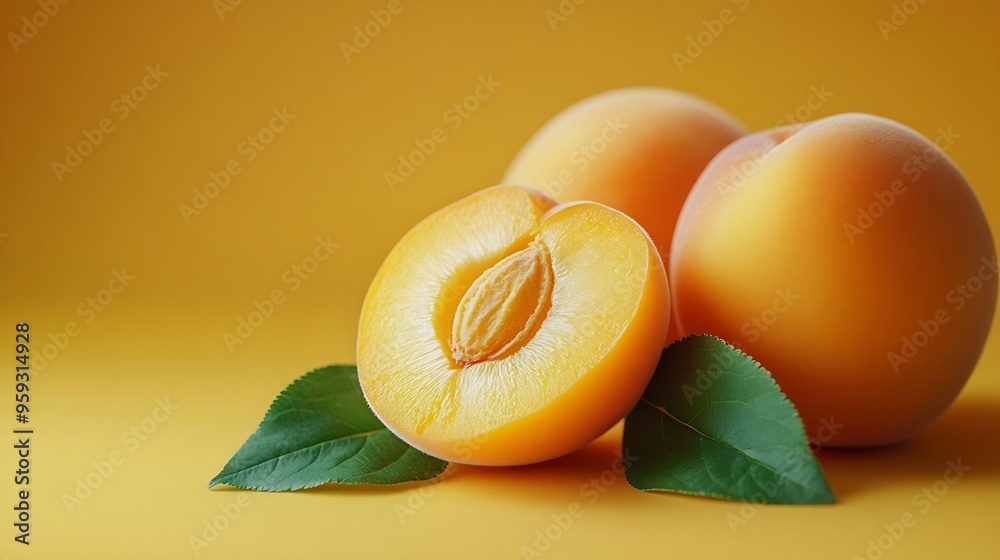 Poster Fly fresh ripe apricot with green leaf and slice isolated on orange color background Clipping Path Full depth of field : Generative AI